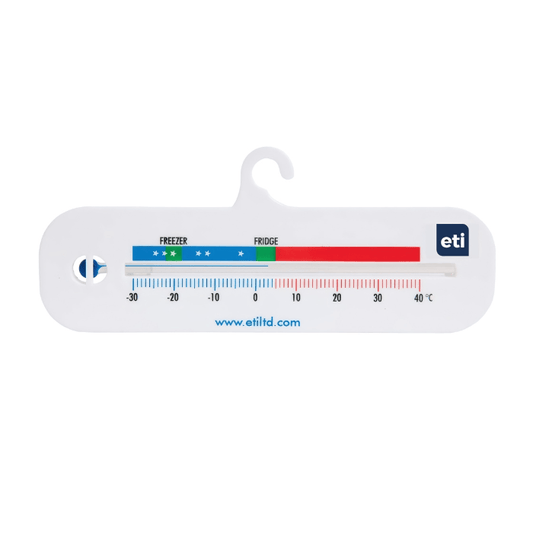 Un thermomètre horizontal pour réfrigérateur/congélateur Thermomètre.fr blanc dans un boîtier en plastique ABS avec une échelle de -30 à 40 degrés Celsius, marqué en bleu pour la congélation et en rouge pour les températures du réfrigérateur.