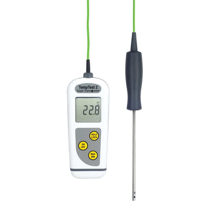 Un Thermomètre intelligent TempTest 2 de la marque Thermomètre.fr sur un fond blanc avec affichage rotatif.