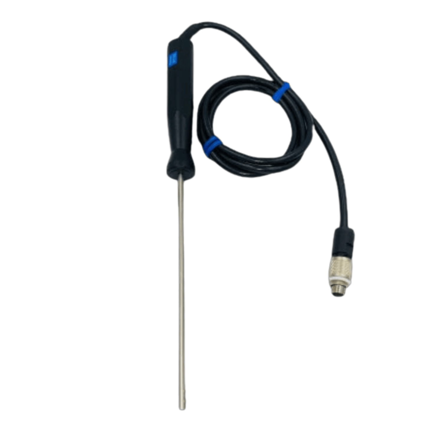 Une sonde noire à laquelle est attaché un cordon bleu pour mesurer le CVC et l'air, le Thermometer.fr Sonde d'ambiance PT100 - Sonde RTD air ou gaz.