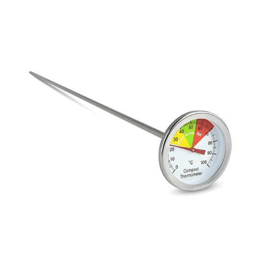 Phrase avec le nom du produit et le nom de la marque : Un thermomètre à compost Thermomètre.fr avec une longue tige en acier inoxydable et un cadran rond affichant les températures en Celsius et Fahrenheit.