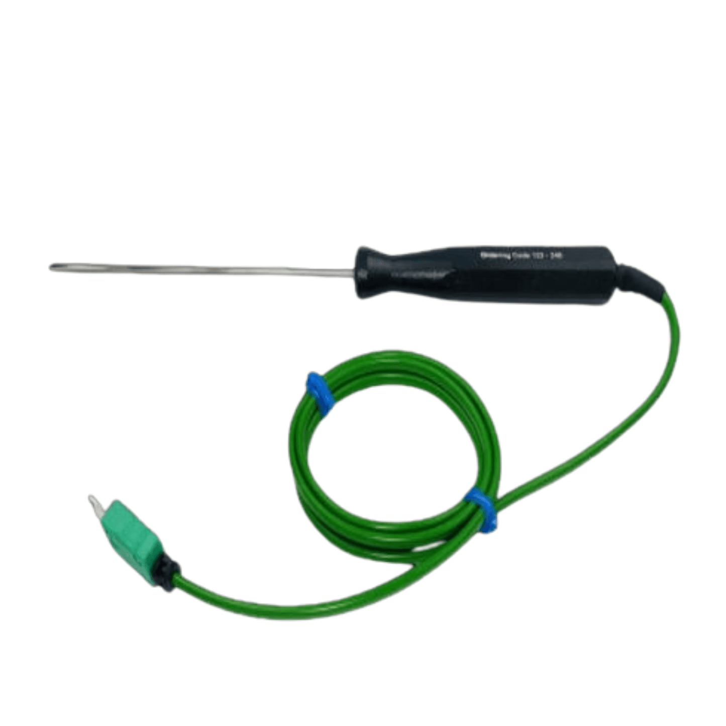 Un classeur de sonde de température vert auquel est attaché un fil mesure la température avec précision.